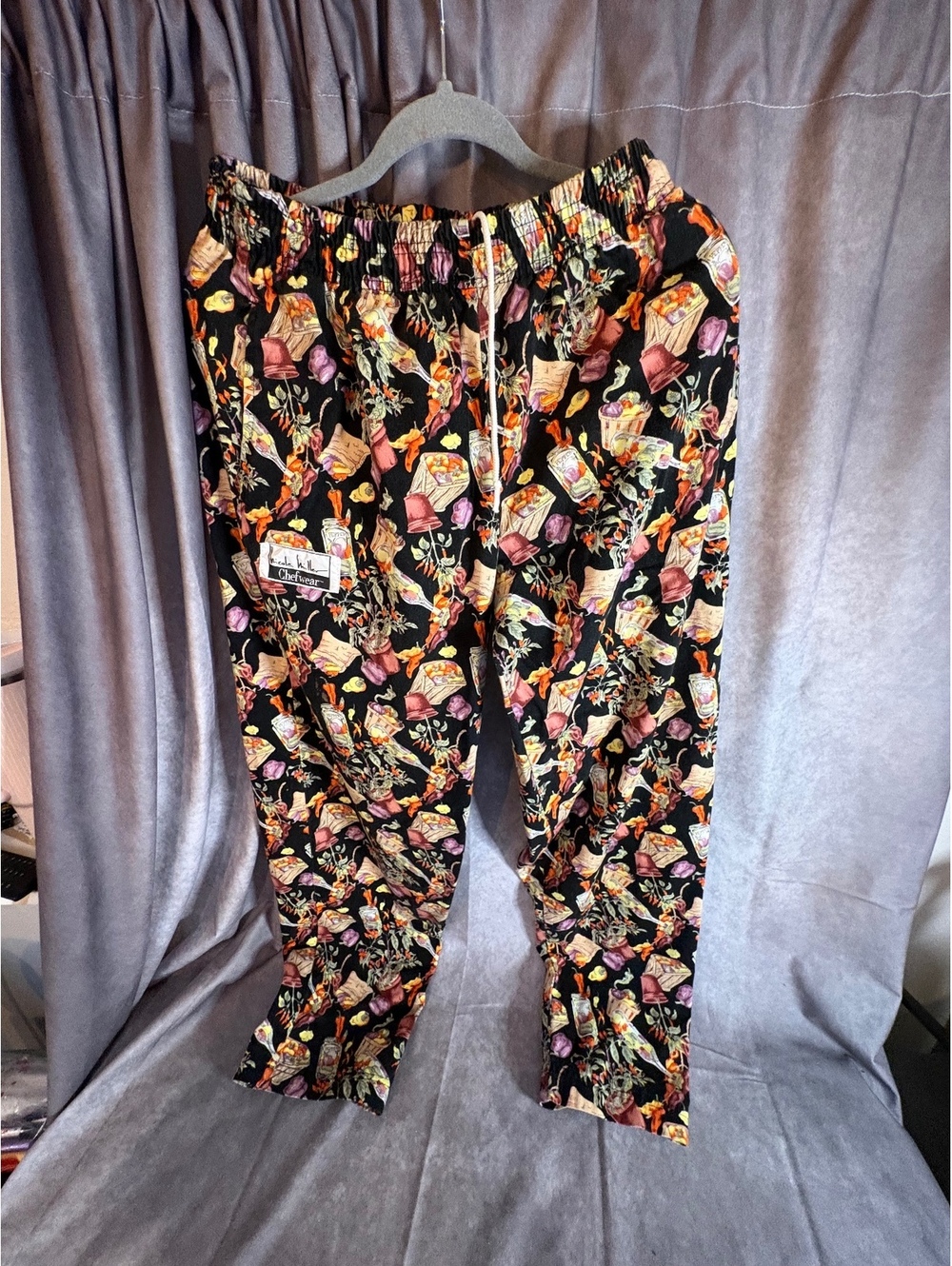 Nicole Miller Chiefwear Chef Pants Food Print Elastic Waist Black